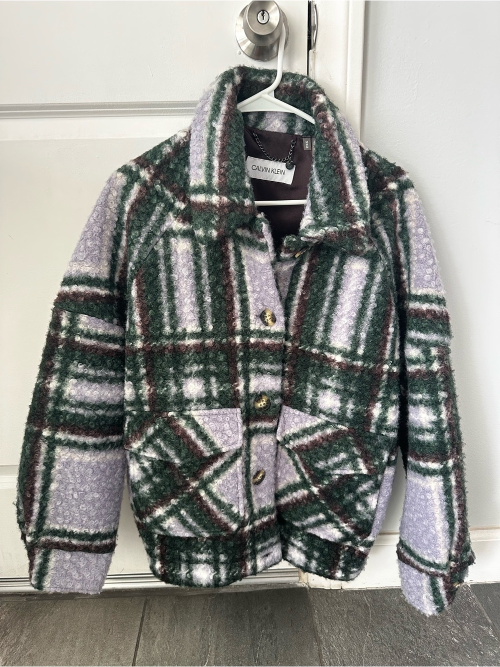 Calvin Klein Kids Lavender, Green & Brown Plaid Peacoat